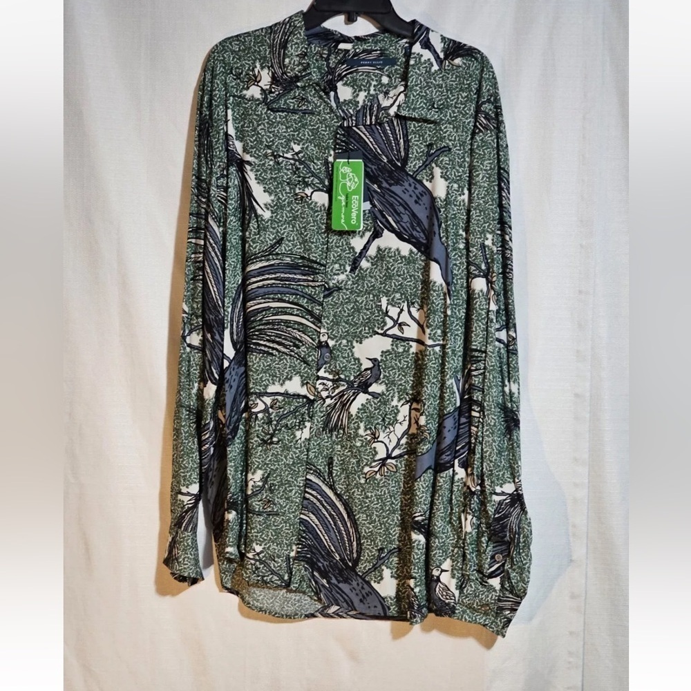 Perry Ellis Stormy Weather Shirt Mens 2XL Green Button Up Long Sleeves